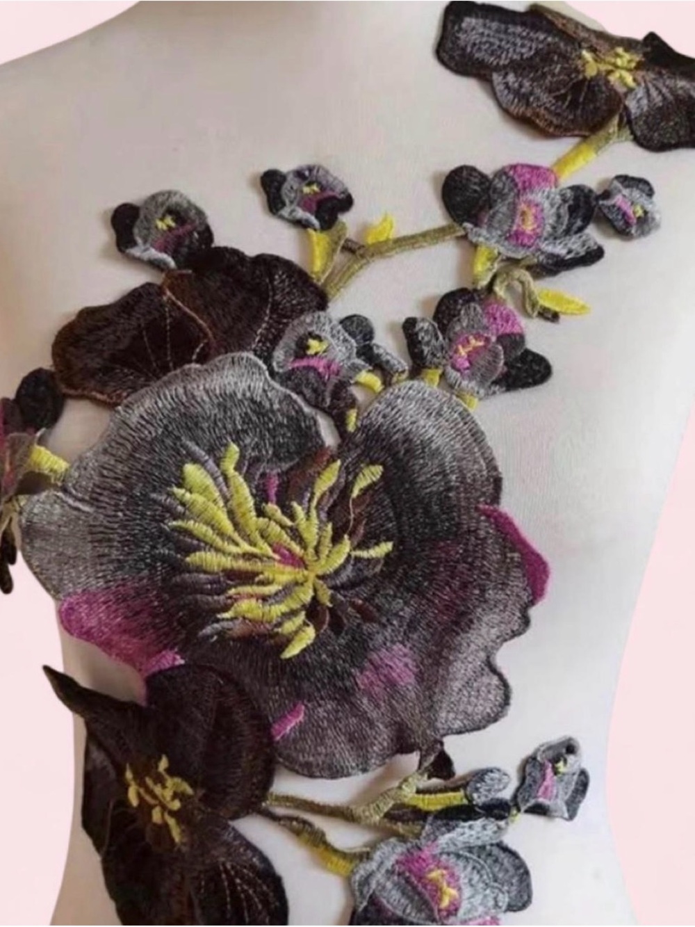 22” Orchid Floral Applique Patch in Black, Gray, Pink & Yellow